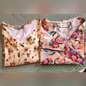 Lot of 2 Scrub Tops Mixed Brands 2XL Colorful Autumn/ Flip Flop Patterns Uniform